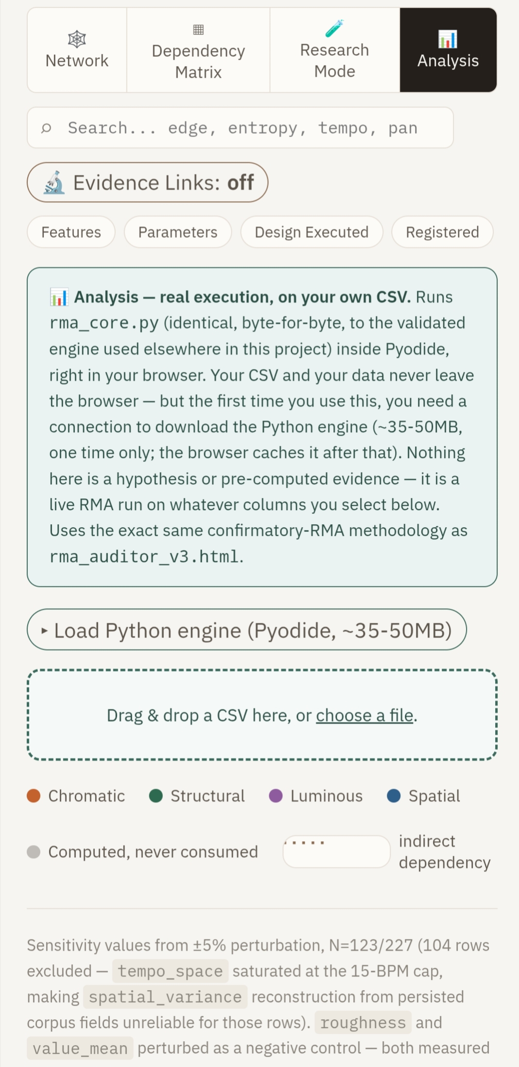 Captura de la pestaña Analysis del Explorer, con la explicación de la ejecución real sobre CSV vía Pyodide