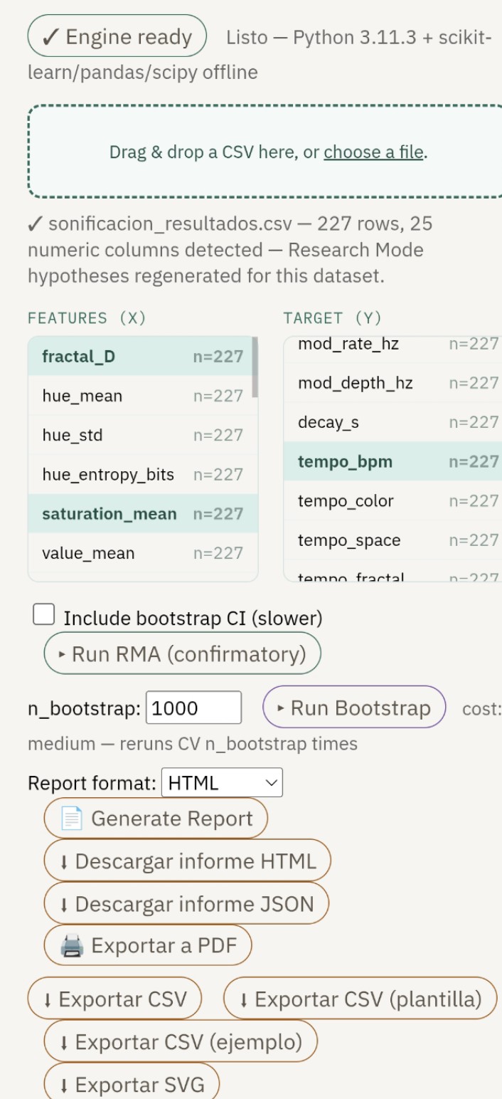 Captura del panel de ejecución y exportación de Analysis, con selección de features/target y botones de descarga de informe