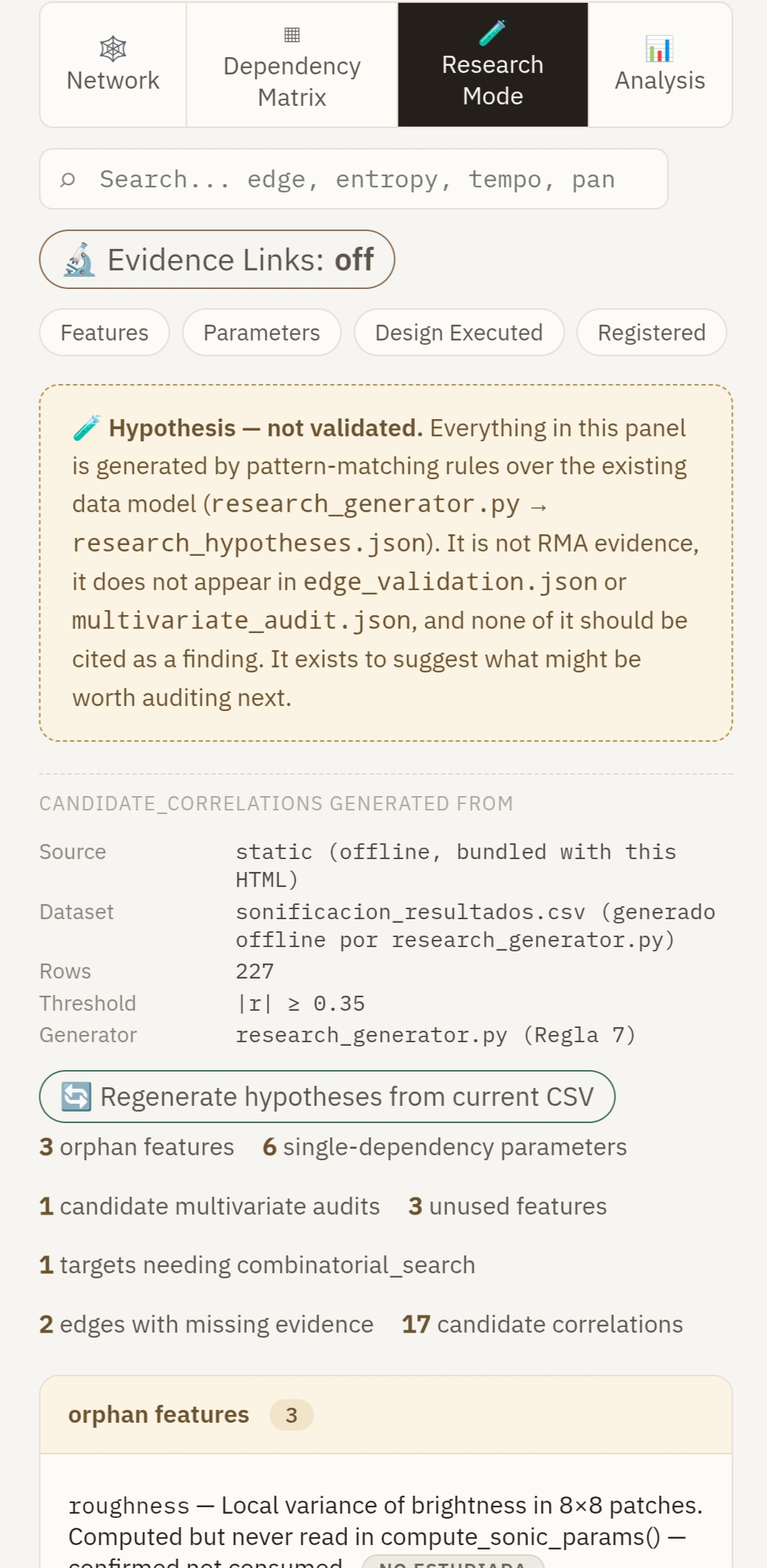 Captura de la pestaña Research Mode del Explorer, con el aviso de hipótesis no validada y las correlaciones candidatas
